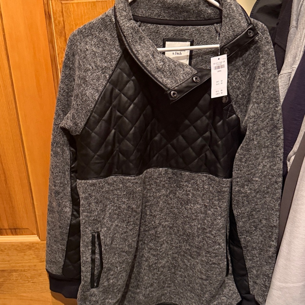 Abercrombie and Fitch Gray and Black faux leather Quilted fleece Pullover NWT L